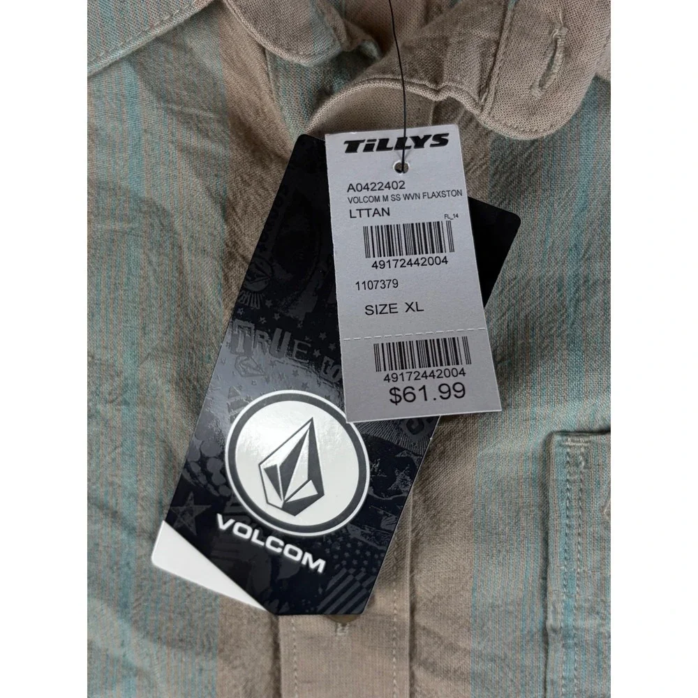 Volcom Flaxston Mens XL Short Sleeve Button Up Shirt Tan Blue Striped A0422402